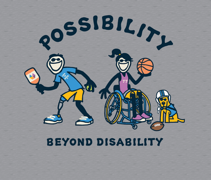 Gray t-shirt with cartoon characters playing adaptive sports and 'Possibility Beyond Disability' text on a gray background
