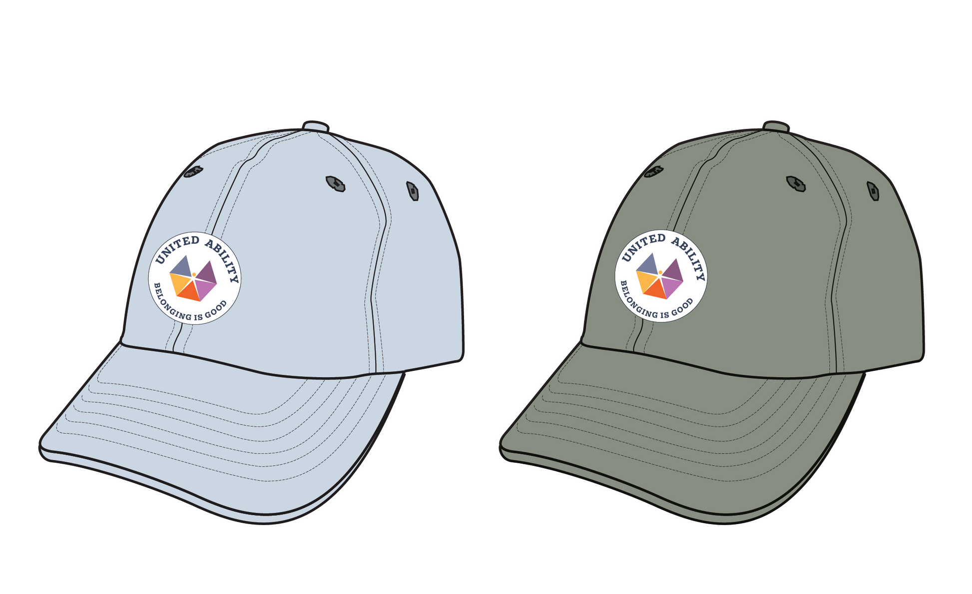 Belonging is Good Chill Cap colorway options — Glacier Blue and Moss Green