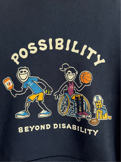 Close-up of navy Possibility Beyond Disability hoodie design