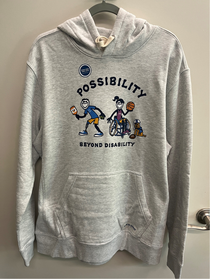 Front of light gray Possibility Beyond Disability hoodie