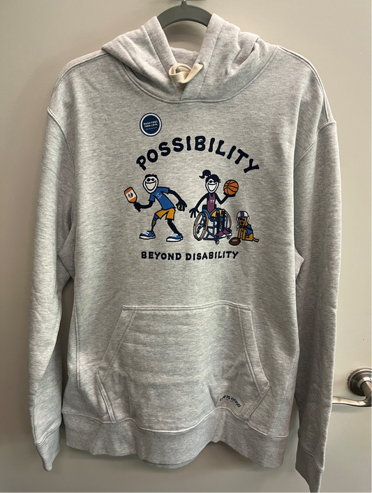 Front of light gray Possibility Beyond Disability hoodie